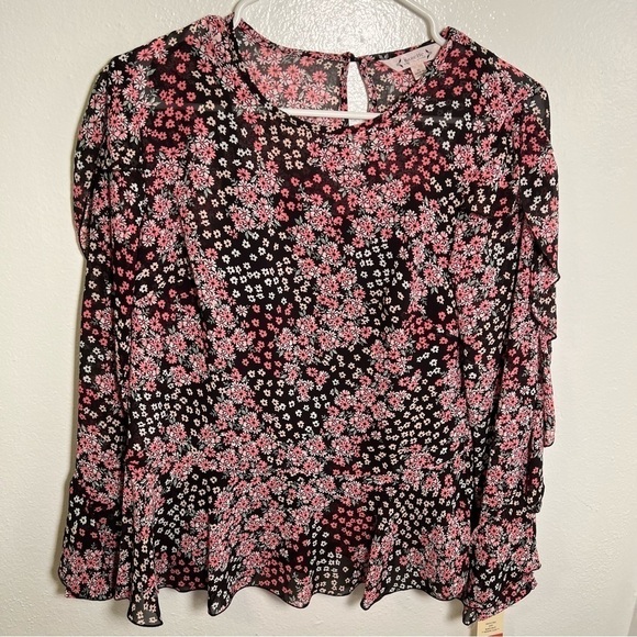 NANETTE Nanette Lepore Printed Ruffle Blouse Black Floral - Picture 3 of 15